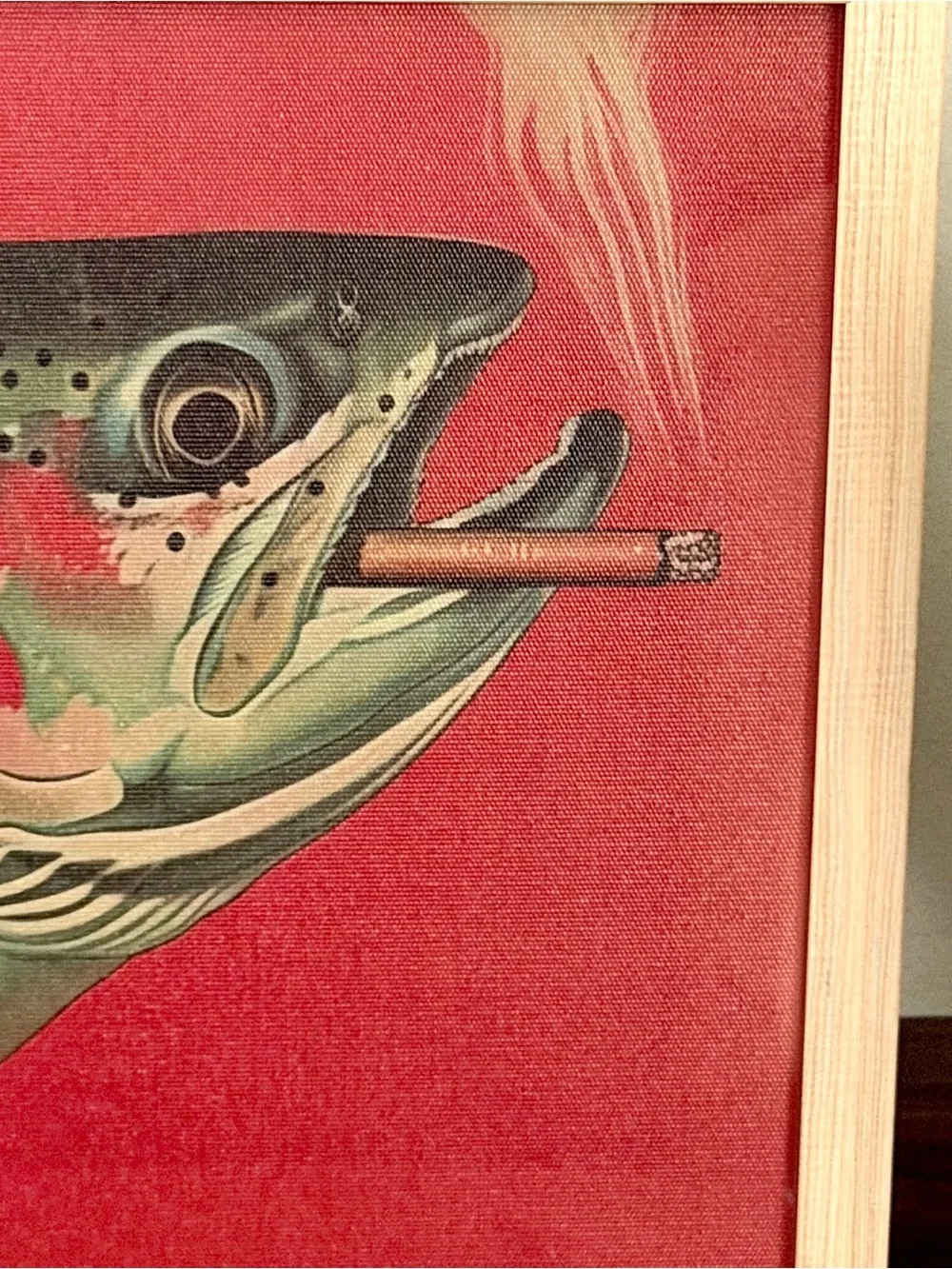 Trout Fish Smoking a Cigarette Vintage Style Canvas Wall Art Print Wood Framed